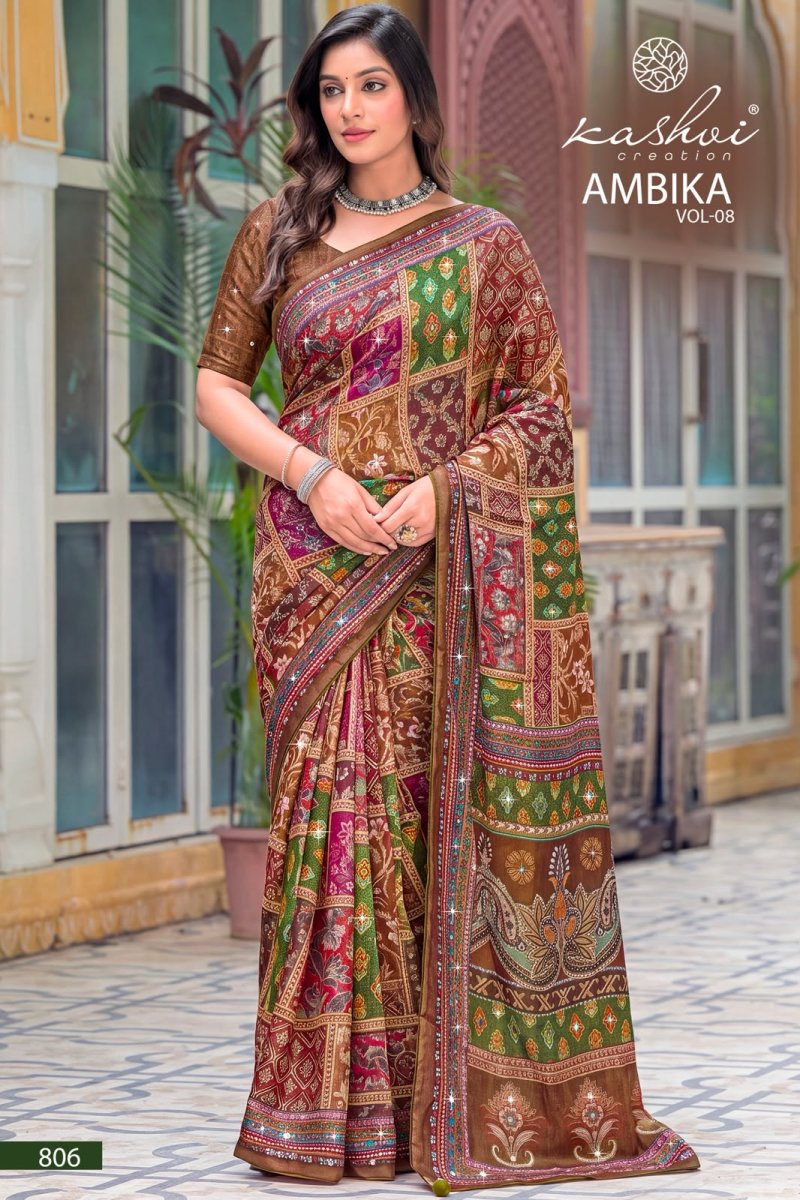 Ambika Vol 8 By Kashvi Chocolate Printed Glass Work Saree 